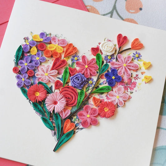 6x6" EVERLOVE Quilling Card: 3D Heart Shape made of Delicate Pink Roses and Green Leaves