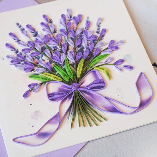 6x6" EVERLOVE Quilling Card: 3D Purple Lavender Bouquet with a Silk-style Ribbon