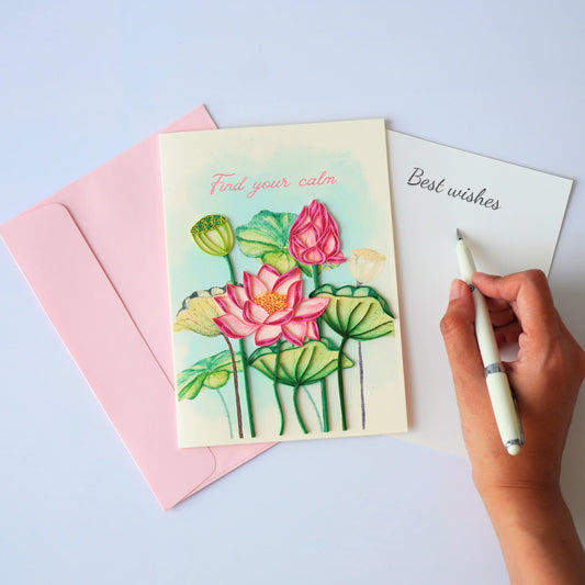 6x6" EVERLOVE Quilling Card: 3D Pink Lotus Blossom with Green Leaves on Water.