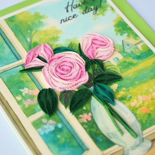 6x6" EVERLOVE Quilling Card: 3D Vase of Red Roses on a Window Sill with a Scenic Background.