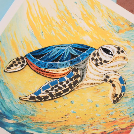6x6" EVERLOVE Quilling Card: 3D Blue Sea Turtle Swimming in Golden Ocean Waves