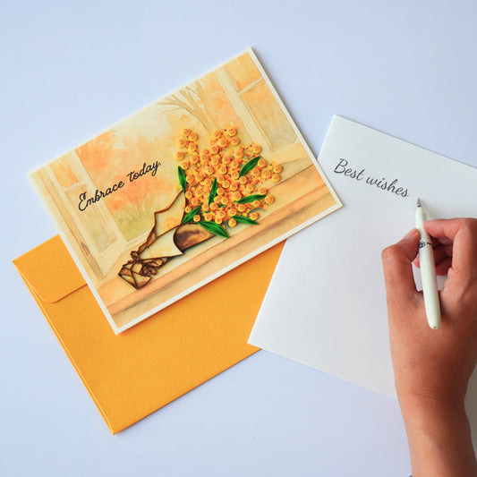 6x6" EVERLOVE Quilling Card: 3D Yellow Flower Bouquet with Green Leaves and a Ribbon Bow.