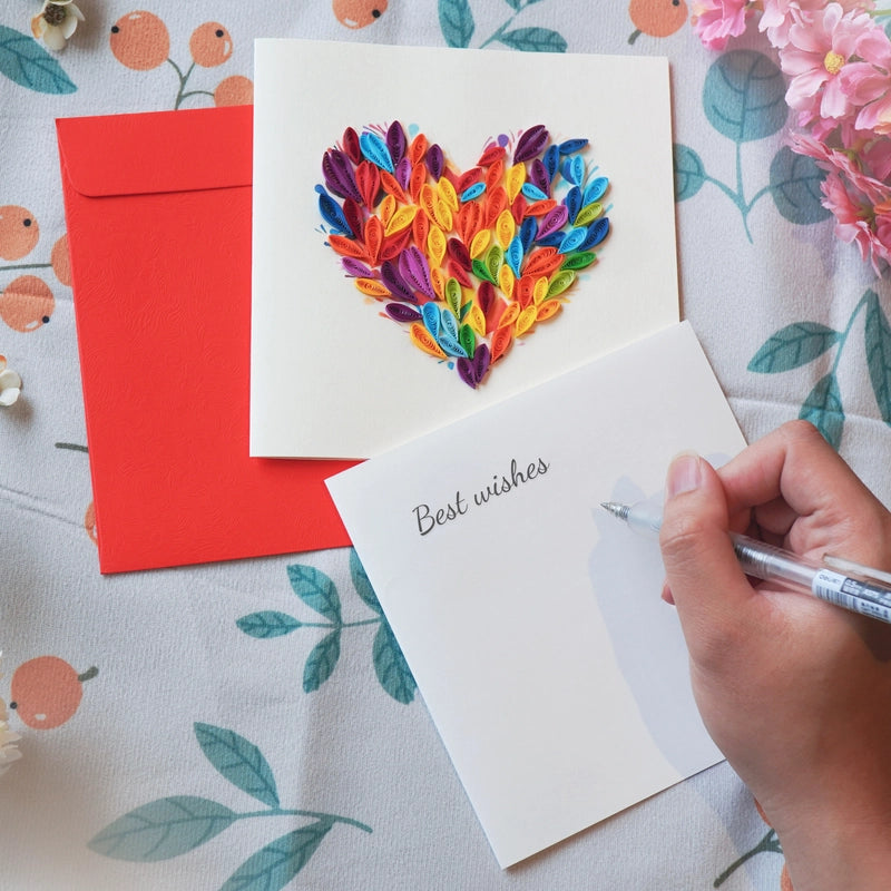 6x6" EVERLOVE Quilling Card: 3D Heart Shape with Vibrant Rainbow Quilled Scrolls