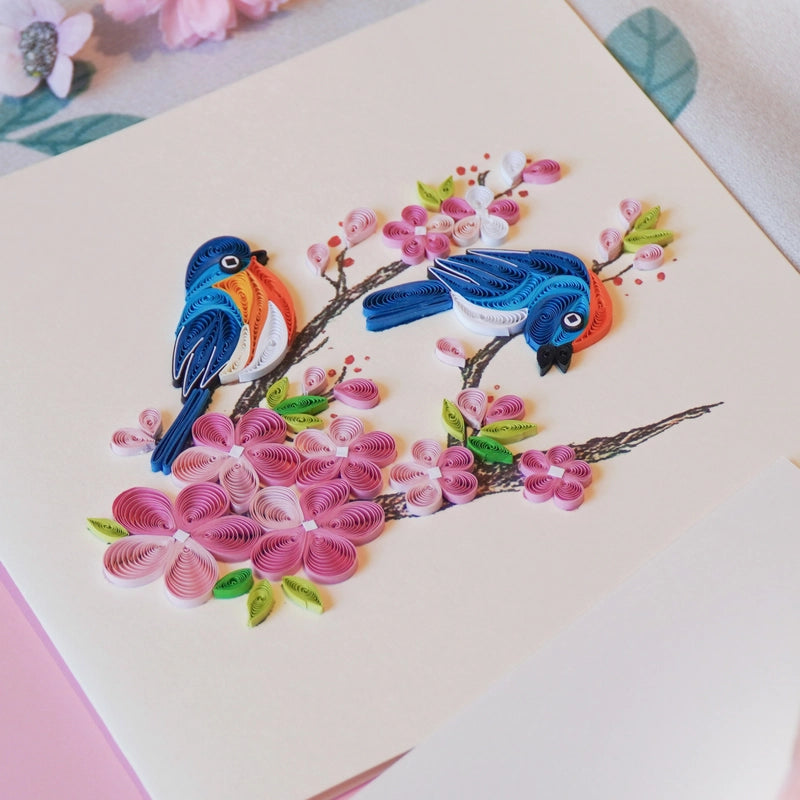 6x6" EVERLOVE Quilling Card: Two 3D Blue Birds Perched on a Pink Cherry Blossom Branch
