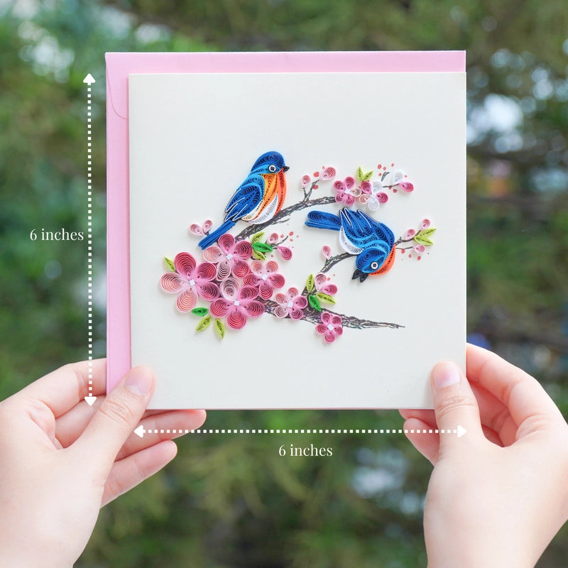 6x6" EVERLOVE Quilling Card: Two 3D Blue Birds Perched on a Pink Cherry Blossom Branch