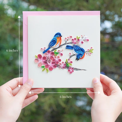 6x6" EVERLOVE Quilling Card: Two 3D Blue Birds Perched on a Pink Cherry Blossom Branch