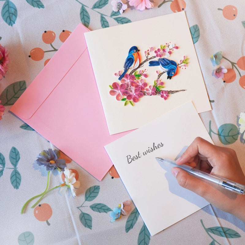 6x6" EVERLOVE Quilling Card: Two 3D Blue Birds Perched on a Pink Cherry Blossom Branch