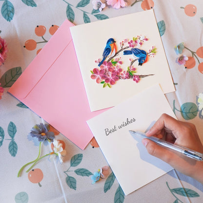 6x6" EVERLOVE Quilling Card: Two 3D Blue Birds Perched on a Pink Cherry Blossom Branch