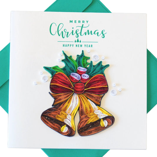 6x6" EVERLOVE Quilling Card: 3D Golden Bells with a Red Ribbon and Green Holly Leaves