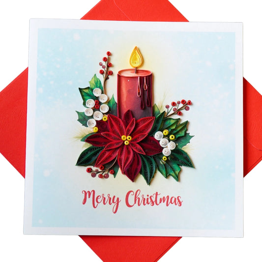 6x6" EVERLOVE Quilling Card: 3D Flickering Christmas Candle surrounded by Holly Leaves and Berries