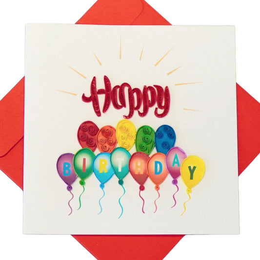 6x6" EVERLOVE Quilling Card: 3D Colorful Balloons with Happy Birthday Script