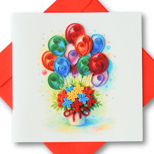 6x6" EVERLOVE Quilling Card: 3D Balloons Bouquet mixed with Colorful Flowers and Greenery.