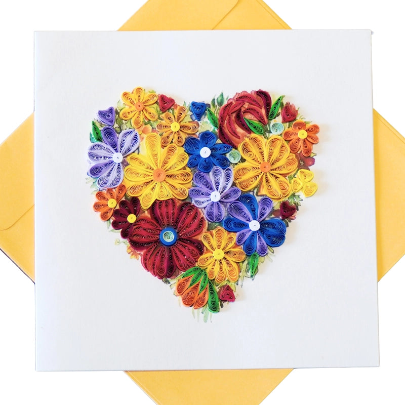 6x6" EVERLOVE Quilling Card: 3D Heart Shape made of Colorful Roses and Garden Flowers