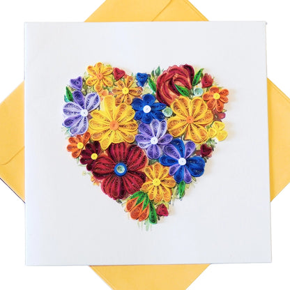 6x6" EVERLOVE Quilling Card: 3D Heart Shape made of Colorful Roses and Garden Flowers