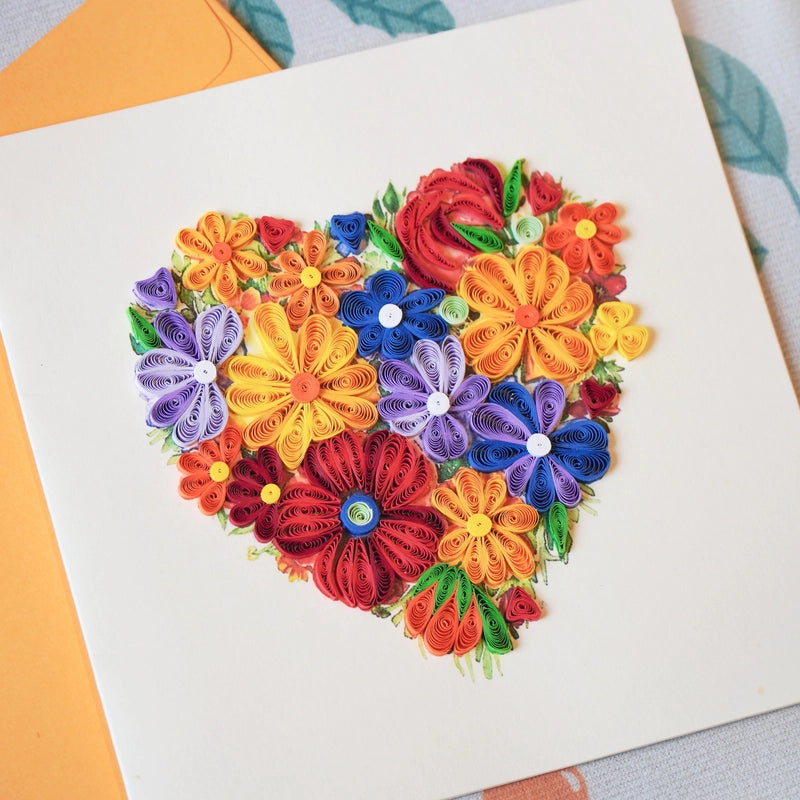 6x6" EVERLOVE Quilling Card: 3D Heart Shape made of Colorful Roses and Garden Flowers