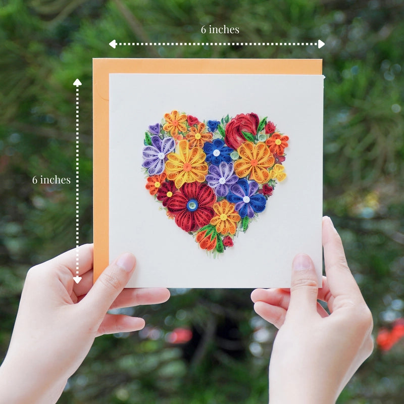 6x6" EVERLOVE Quilling Card: 3D Heart Shape made of Colorful Roses and Garden Flowers