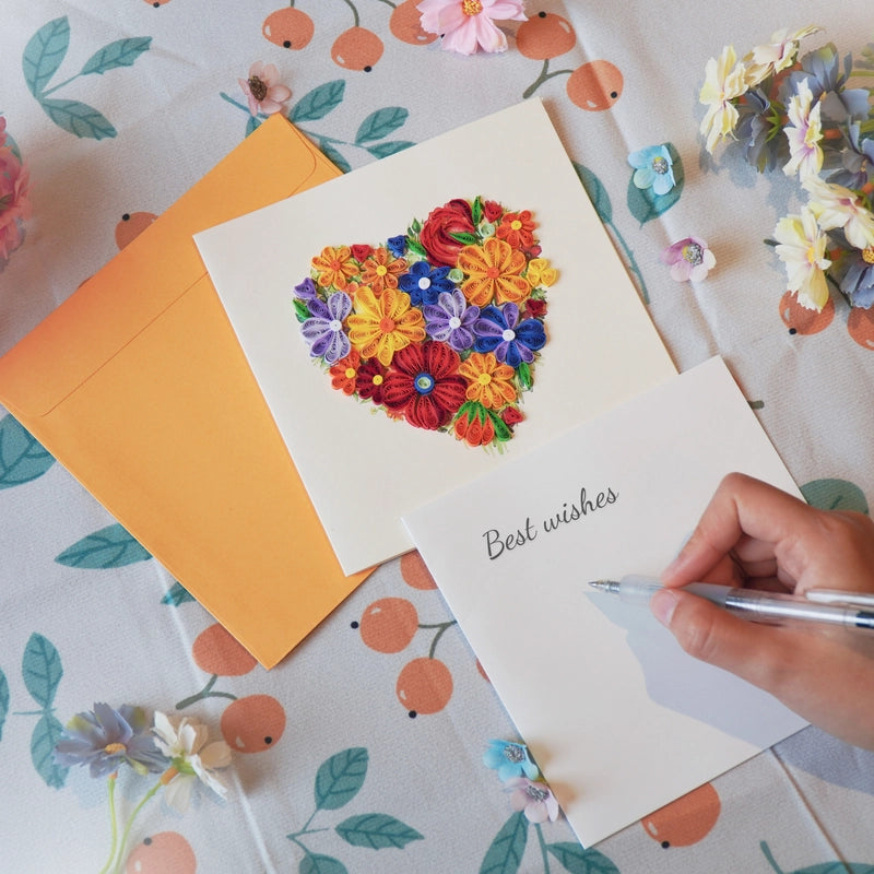 6x6" EVERLOVE Quilling Card: 3D Heart Shape made of Colorful Roses and Garden Flowers