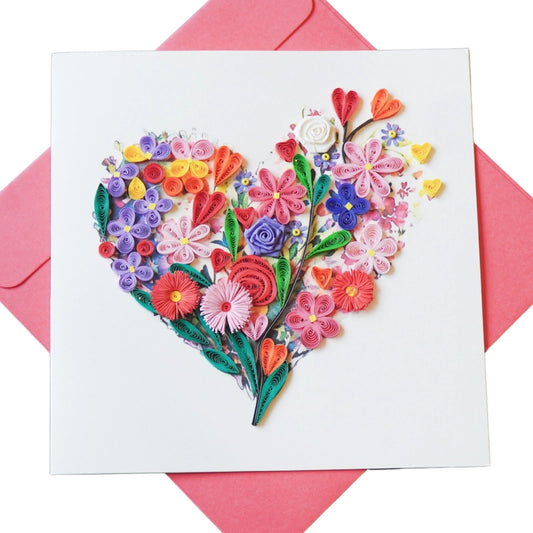 6x6" EVERLOVE Quilling Card: 3D Heart Shape made of Delicate Pink Roses and Green Leaves
