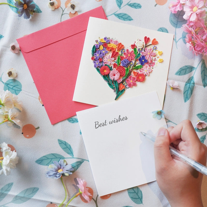 6x6" EVERLOVE Quilling Card: 3D Heart Shape made of Delicate Pink Roses and Green Leaves