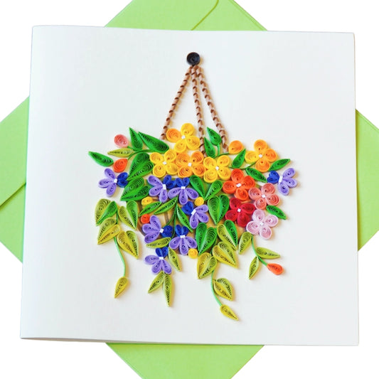 6x6" EVERLOVE Quilling Card: 3D Hanging Basket with Colorful Spring Flowers.
