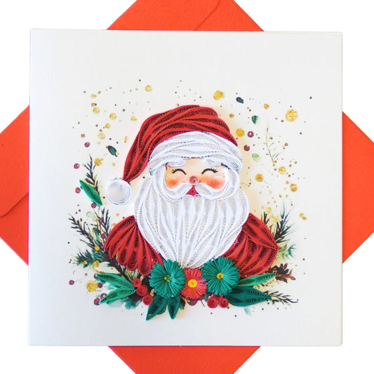 6x6" EVERLOVE Quilling Card: Close-up 3D portrait of a Smiling Santa Claus with a fluffy white beard and red hat