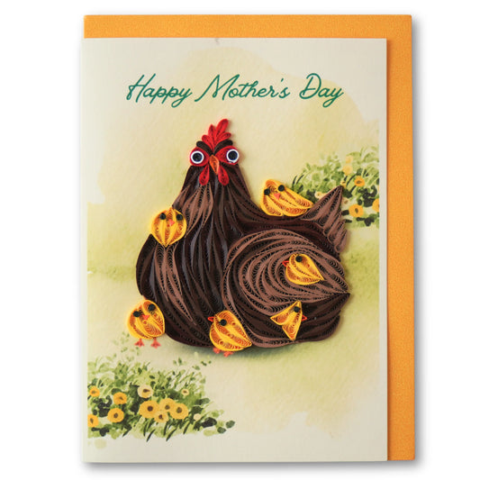 6x6" EVERLOVE Quilling Card: 3D Mother Hen with Small Yellow Chicks and Green Grass.