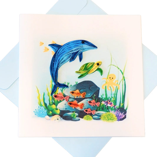 6x6" EVERLOVE Quilling Card: 3D Ocean Life with Dolphin, Sea Turtle, Octopus, and Fish