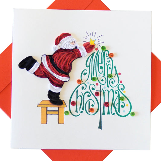 6x6" EVERLOVE Quilling Card: 3D Santa Claus decorating a Green Christmas Tree with Gifts