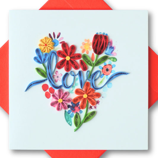 6x6" EVERLOVE Quilling Card: 3D Heart Shape filled with Colorful Spring Flowers, Wildflowers, and Green Leaves.