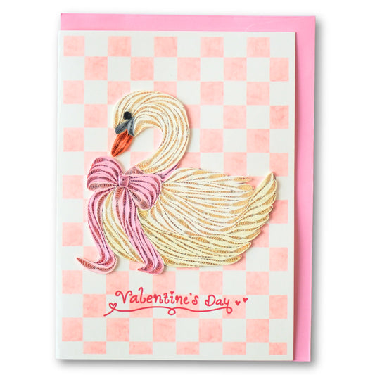 6x6" EVERLOVE Quilling Card: 3D White Swan with a Delicate Pink Ribbon and Paper-rolled Feathers.