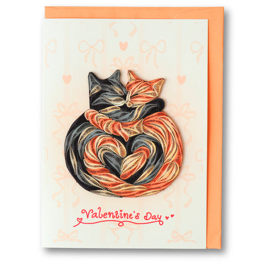 6x6" EVERLOVE Quilling Card: 3D Couple of Cats with Tails Forming a Heart Shape.