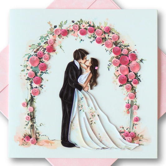 6x6" EVERLOVE Quilling Card: 3D Silhouette of a Bride and Groom in Wedding Attire with Floral Accents.