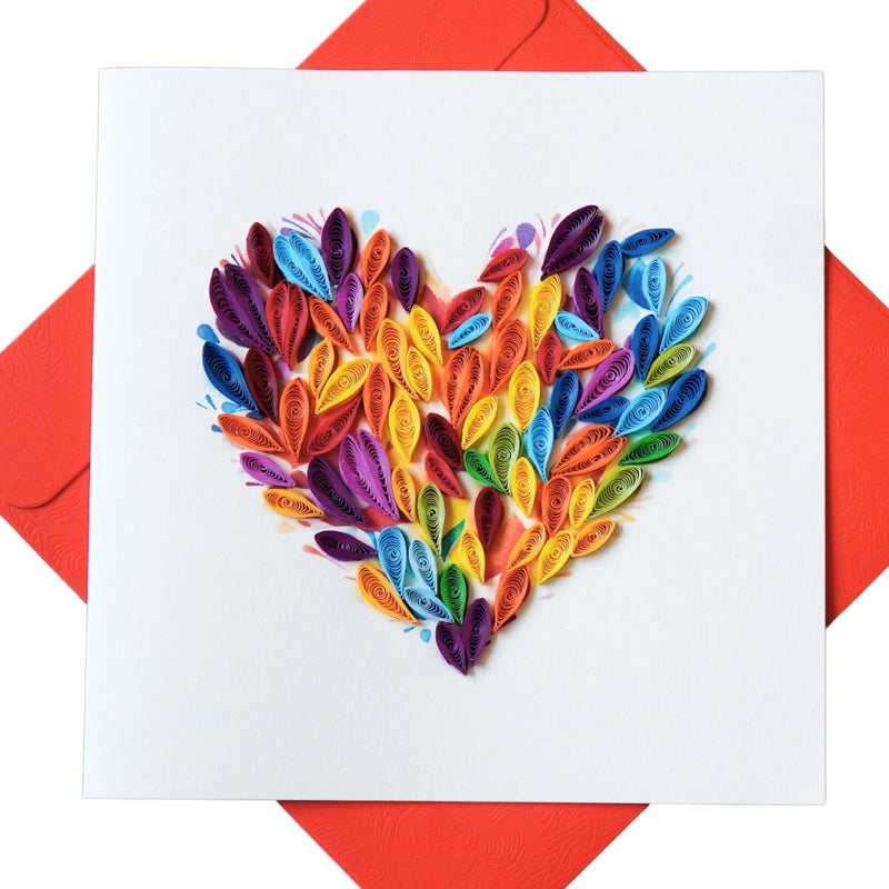 6x6" EVERLOVE Quilling Card: 3D Heart Shape with Vibrant Rainbow Quilled Scrolls
