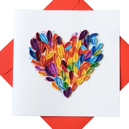 6x6" EVERLOVE Quilling Card: 3D Heart Shape with Vibrant Rainbow Quilled Scrolls