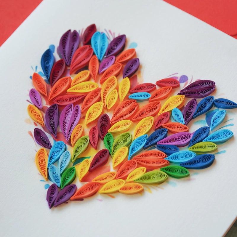 6x6" EVERLOVE Quilling Card: 3D Heart Shape with Vibrant Rainbow Quilled Scrolls